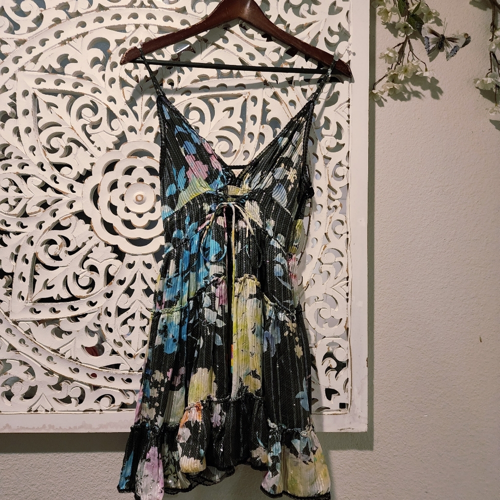 ROCOCO SAND SILK FLORAL TIERED MINI DRESS ADJUSTABLE STRAPS WOMENS MEDIUM - Picture 11 of 16